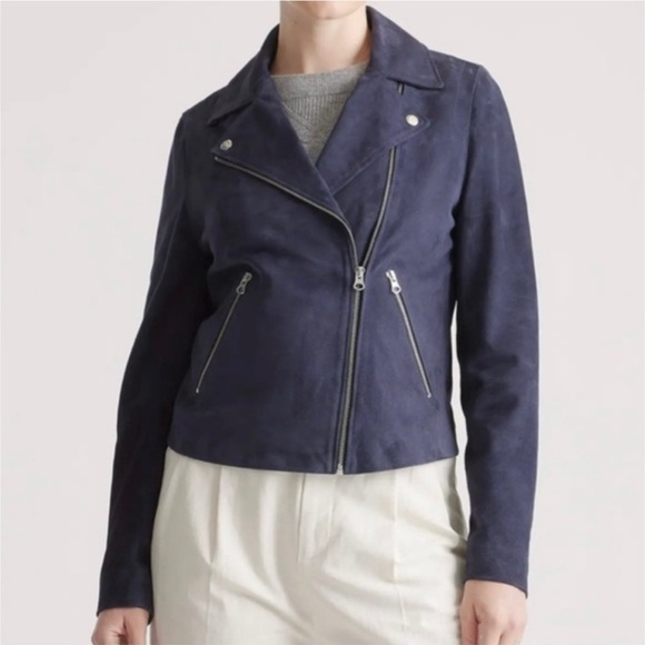 Quince navy suede leather motorcycle jacket sz Lg. Excellent condition, like new - Picture 2 of 9